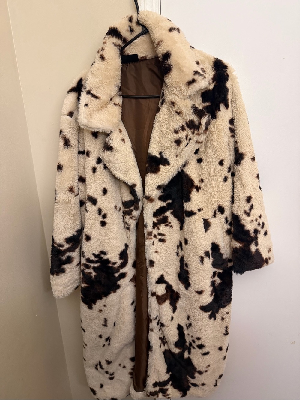 Plush Cow-Print Teddy Coat - Cream/Black